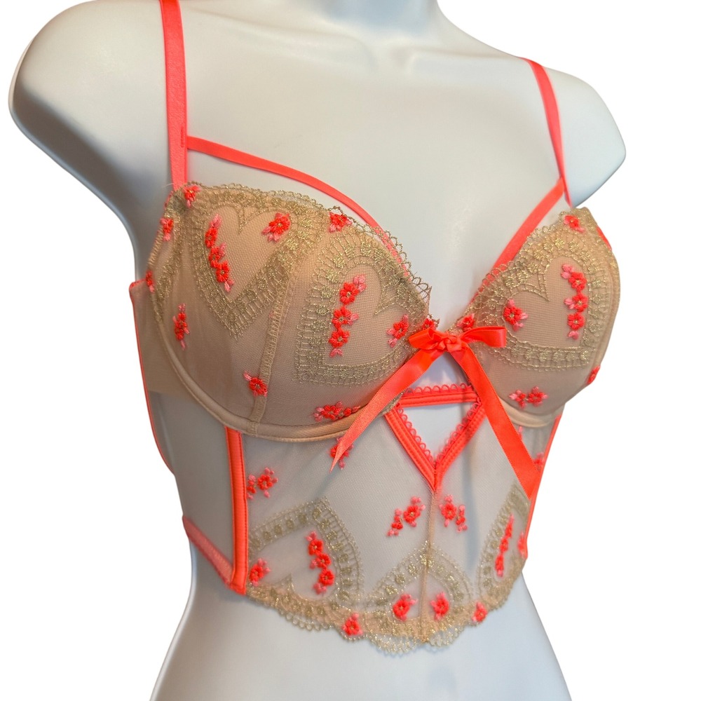 Victoria's Secret Dream Angels Corset 34C Embroidered Hearts Neon Coquette Sheer - Picture 3 of 6
